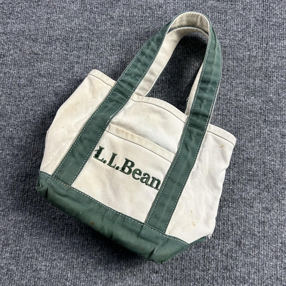 L.L.Bean Boat And Tote Bag Womens Small Natural Green Canvas Embroidered Logo